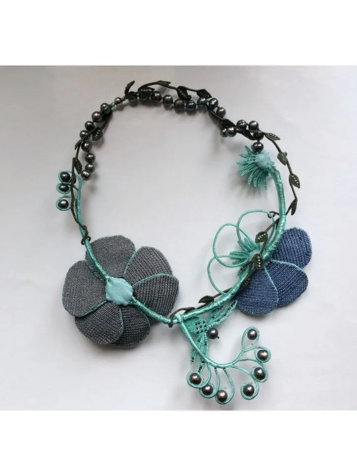 Night Dreams Floral and Dragonfly Asymmetrical Macrame Necklace