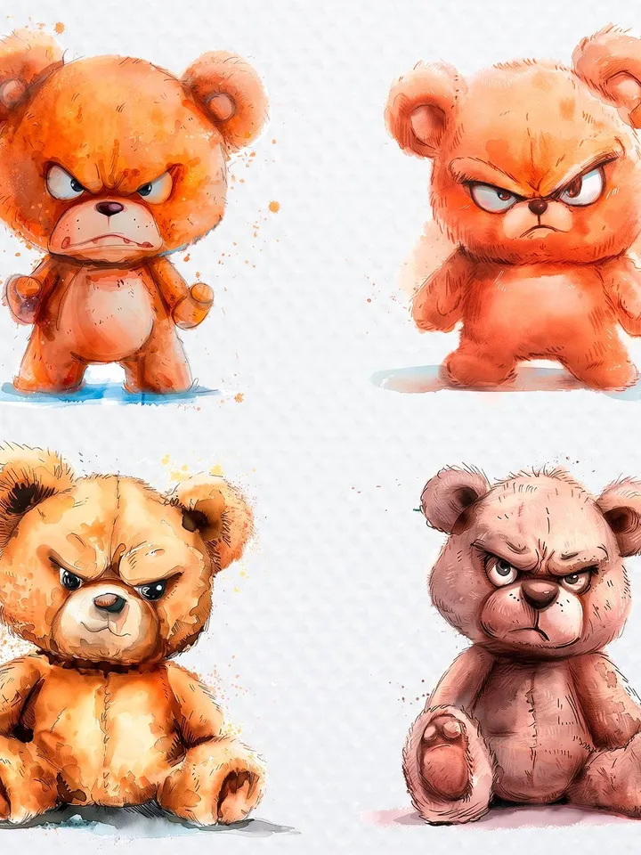 11 Grumpy Teddy Bear PNG Bundle, Teddy Bear Print, Printable Watercolor Sublimation, Digital download, Paper craft, junk journal