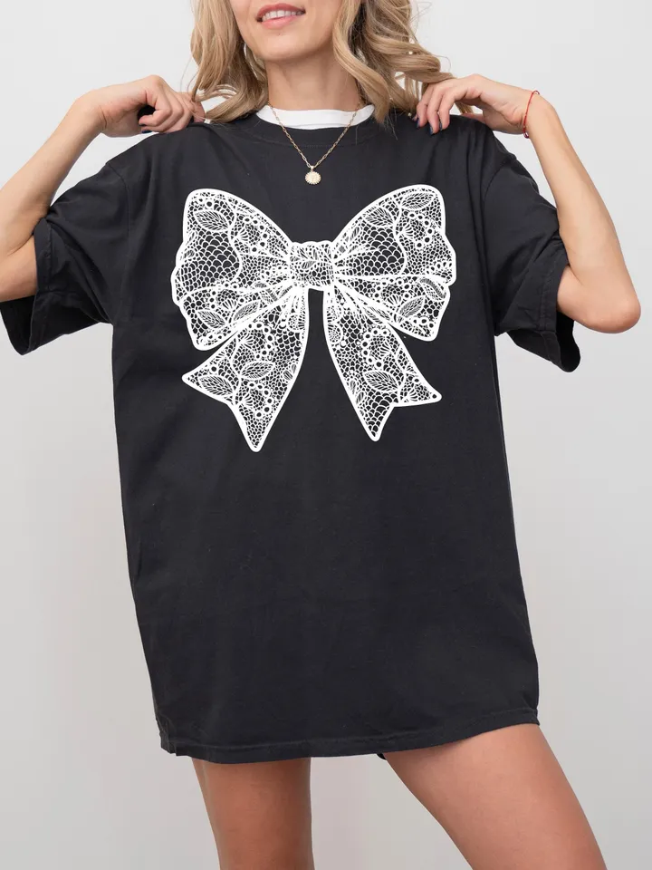 Coquette White Lace Bow PNG Coquette Bow Shirt Design Faux Embroidery Girly Valentines Day PNG Easter PNG Spring Png Mothers Day Girly Png