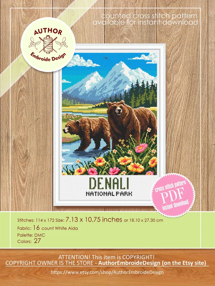 Denali national park cross stitch pattern PDF download Bear cross stitch chart, Mountain landscape pattern digital PDF, Travel poster #L99