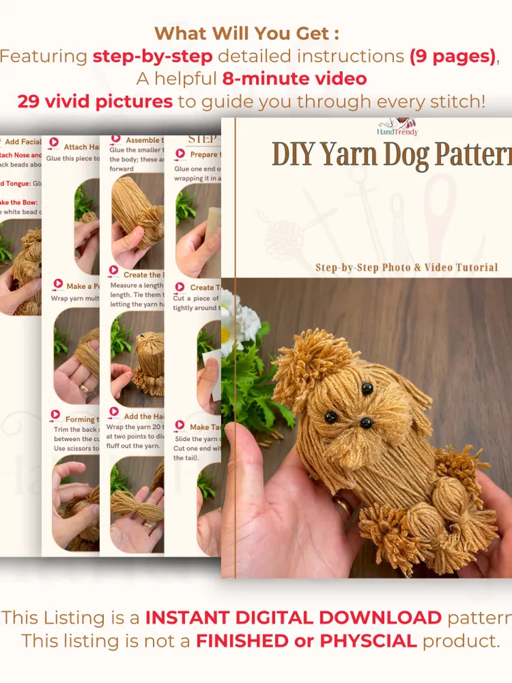 DIY Yarn Dog Pattern, Easy Yarn Craft Tutorial for Adorable Handmade Dog Decoration Figures, Great Gift Idea for Crafters