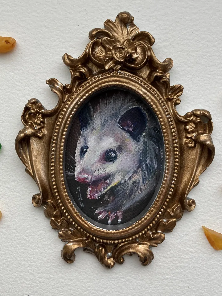 Opossum Oil Painting Original In Vintage Style Frame Small Framed Animals Wildlife Art