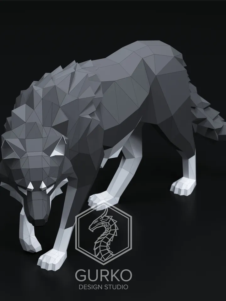 Crouching Wolf Papercraft, Digital Template, PDF Download, Gurko, 3D Low Poly, Pepakura, Origami Sculpture, Paper Party Decoration, DIY Gift