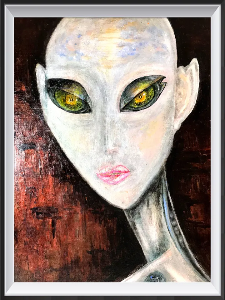 Alien painting on canvas,Alien portrait acrylic mix media painting.