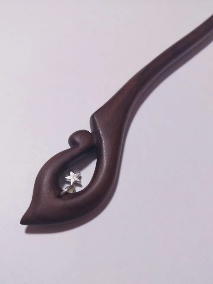 Handmade wooden hairpin made of walnut wood with pendant.