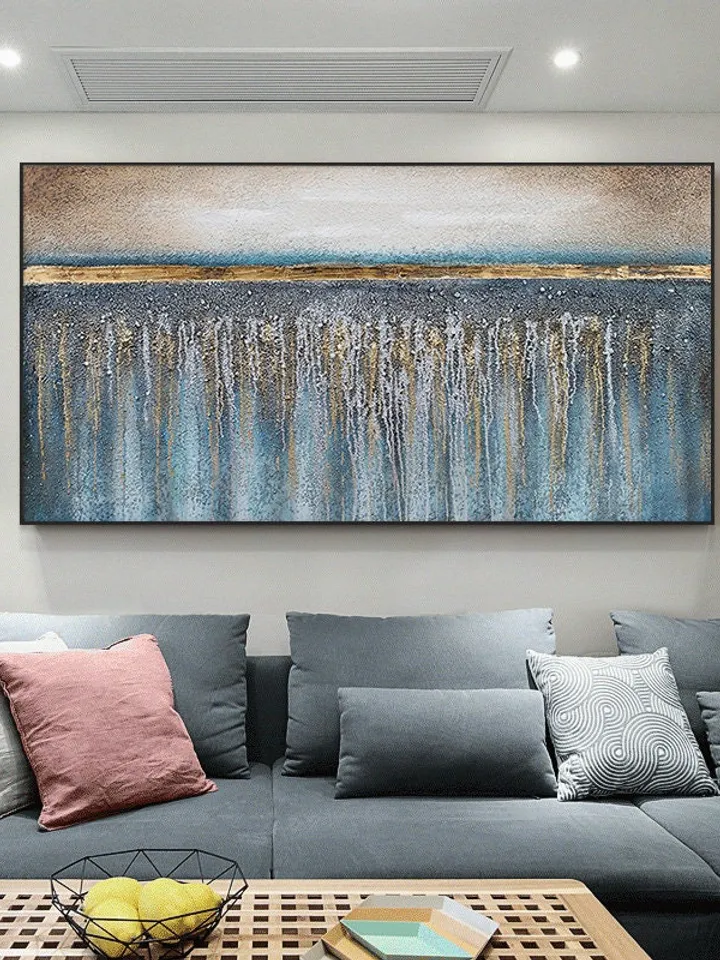Hand-Painted Blue & Gold Oil Painting On Canvas Gold Foil Painting Flowing Painting Large Oil Painting Abstract Wall Art Spring Wall Decor