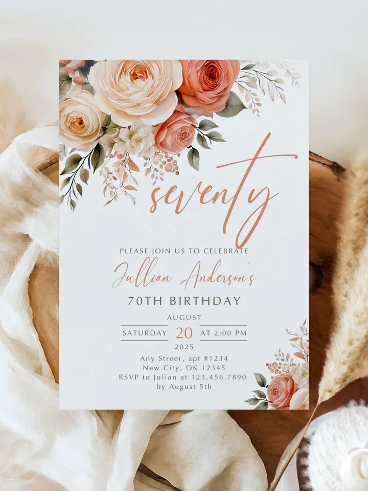 70th Birthday Invitation, Birthday Party Invitations for Women, Floral Birthday Invite for Her, Canva Editable Template, Instant Download