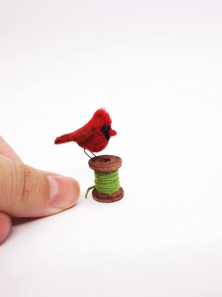 Tiny needle felted cardinal on a bobbin, miniature bird, Christmas gift, made to order