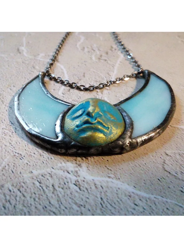 Stained glass blue moon, Moon Goddess, Moon phase necklace, Stainglass crescent, Full moon pendant, Moon face necklace