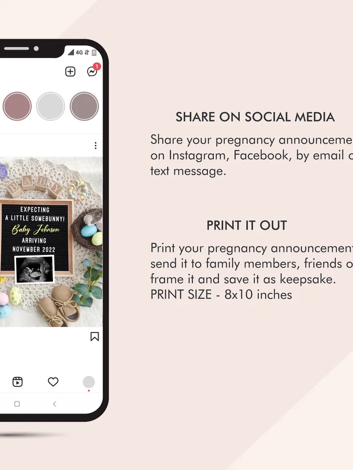 Digital Pregnancy Announcement, Easter Baby Announcement Editable Template for Social Media
