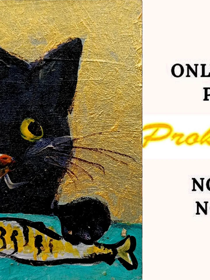 Mini painting a black cat and sardine painting framed 4x4 in Original Handmade painting Gift by ArtProkopaloSv