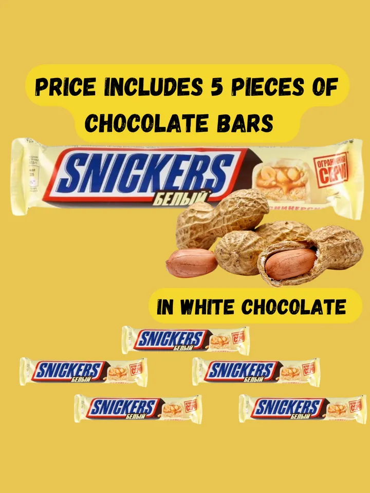 SNICKERS chocolate is a nut covered with white chocolate the order includes 5 pcs