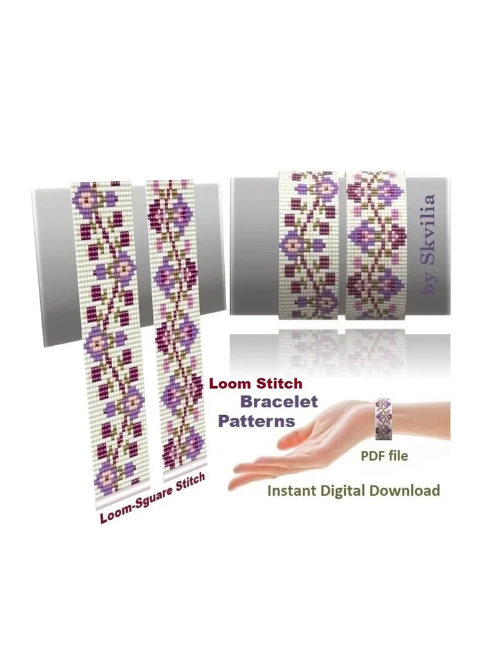 Cuff Bracelet Loom - Square Stitch Bead Weaving Patterns, Miyuki Delica, Czech beads Preciosa, Instant Download