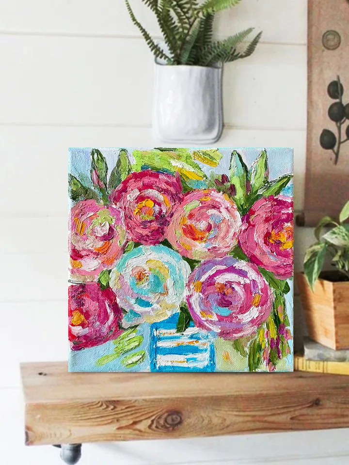 Pink Rose painting, Original Flower oil Painting canvas Fauvism style art