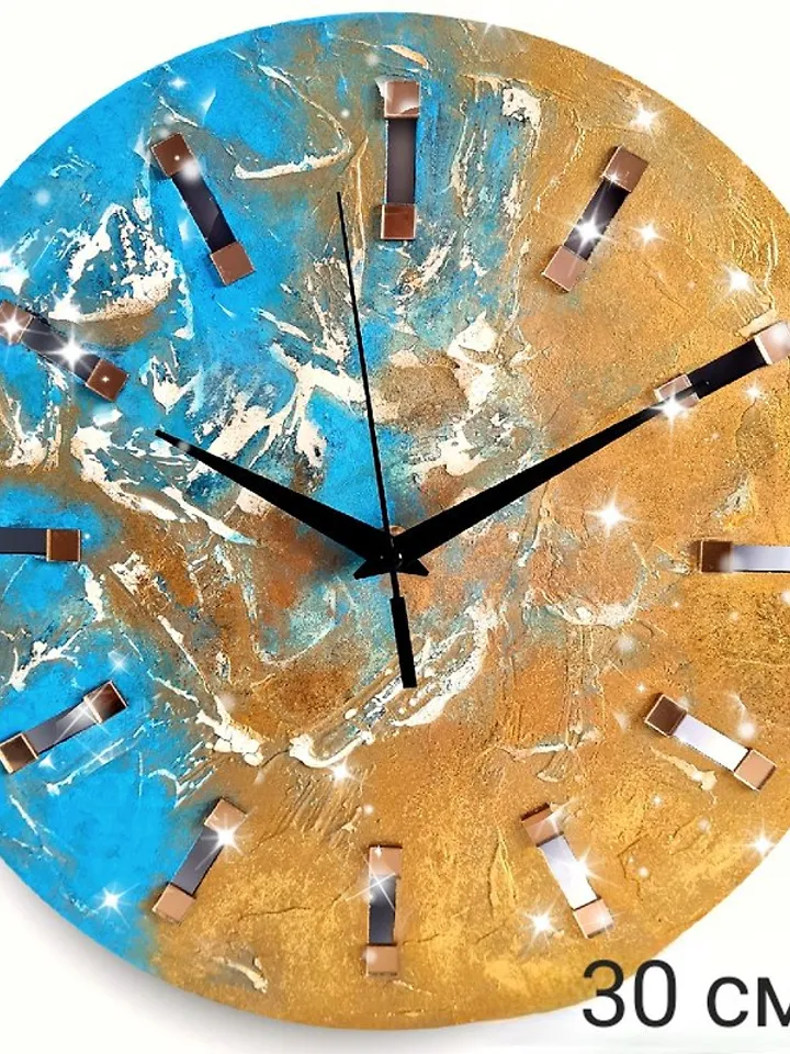 Textural blue wall clock Hand painted clock Unique abstract artistic wall clock