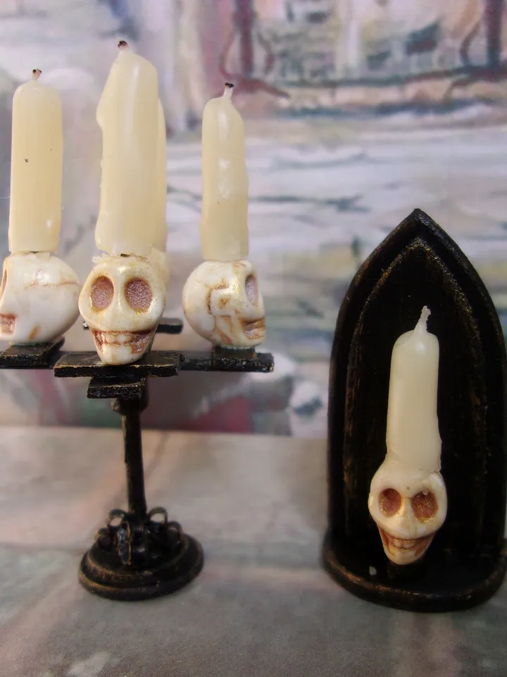 Gothic candlesticks for stylized dollhouse. 1:12. Dollhouse miniature. handmade. Candlesticks with skulls.