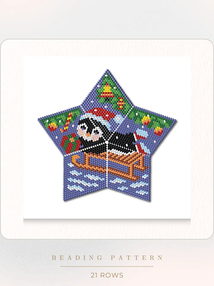 Sledding Penguin, 3D Peyote Star Beading PDF Pattern, Beadwork Christmas Ornament, Winter Landscape