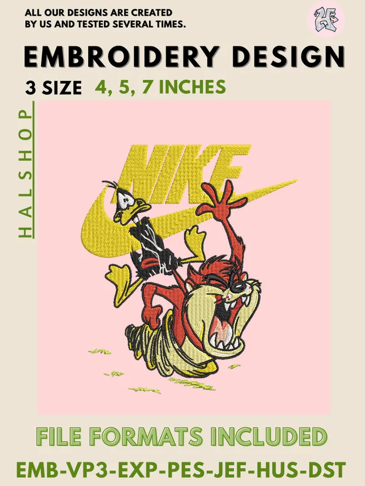 Taz x Nike Swoosh Machine Embroidery Design – Looney Tunes Cartoon Digital Embroidery File 🌪️