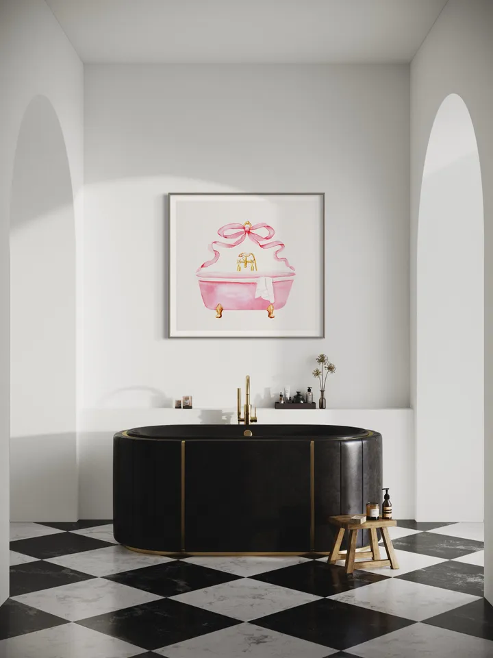 Pink Bathroom Vintage Bow Art Print, Watercolor Painting, Retro Bathroom Decor, Girls Bathroom Decor, Pink Bathtub, Gift For Her, Bath Time