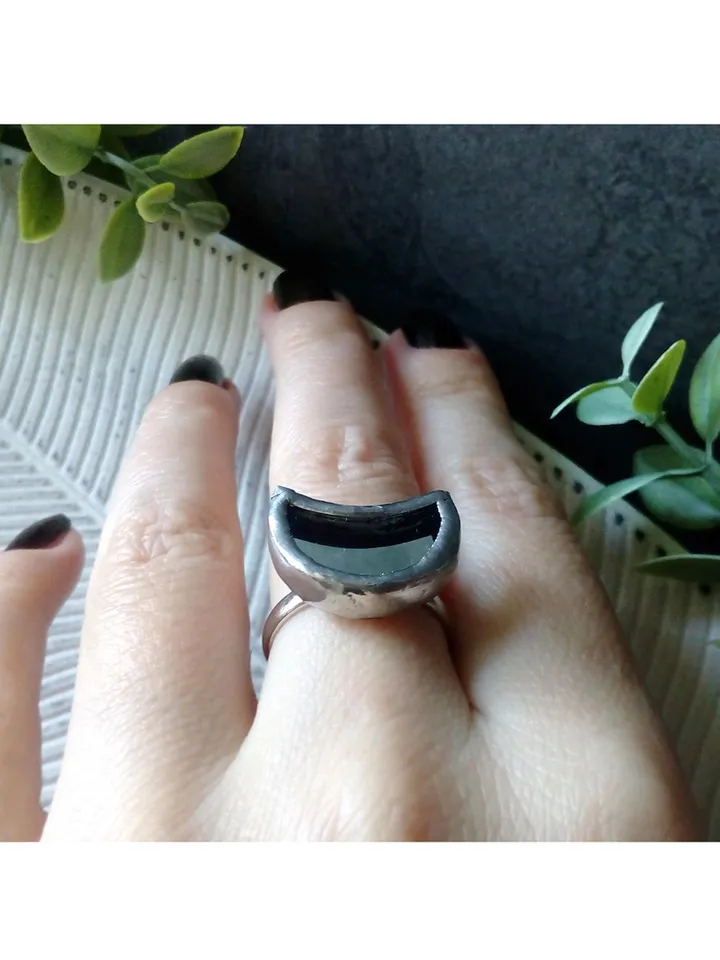Mirror crescent ring, moon ring, stained glass ring, protection ring, Halloween ring, witchy aesthetic, soldered ring