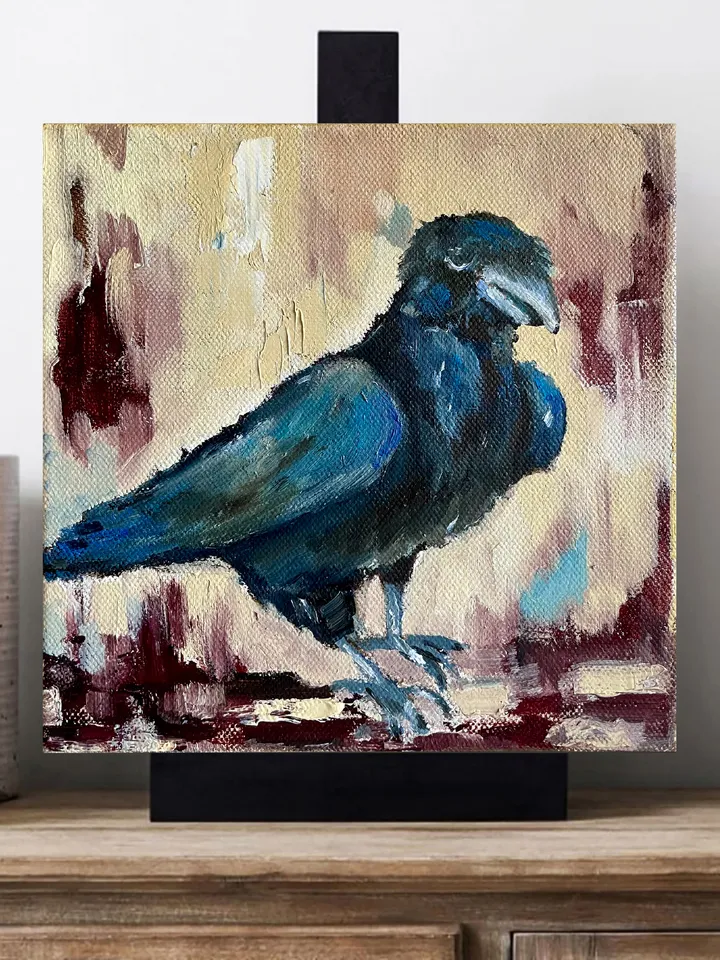 Crow painting, Original bird oil painting on canvas,  Raven wall art, Small animal artwork