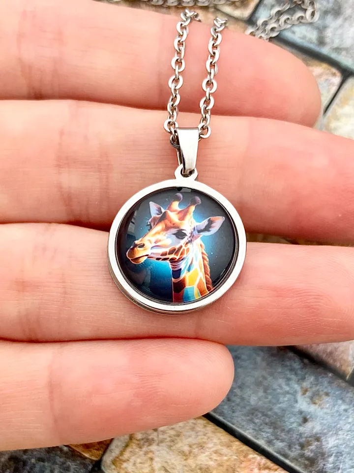 Giraffe necklace, steel pendant with glass, Giraffe lover gift