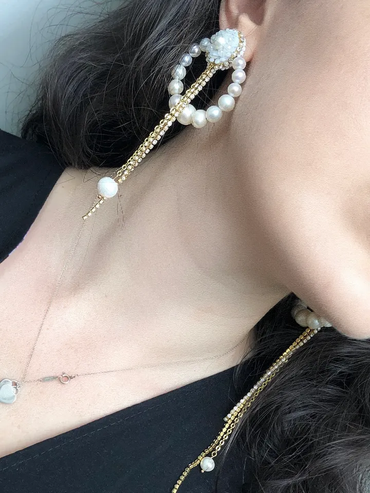 Wedding Natural Pearl Asymmetric Hoop Earrings