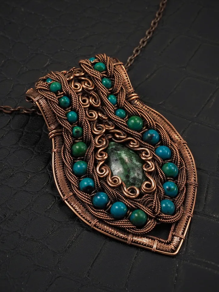 Zoisite and Chrysocolla Pendant Wire wrap copper necklace Handmade artisan jewelry