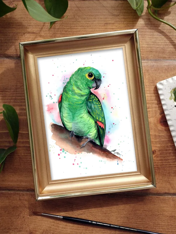 Green Parrot Bird Watercolour, bird painting, wall decor, birds lover gift, 8x11 in handmade art by Anne Gorywine