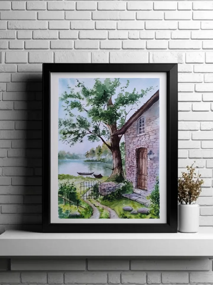 Original Watercolor Painting Landscape Art House by Lake Artwork 30x40 cm by SoftWaves