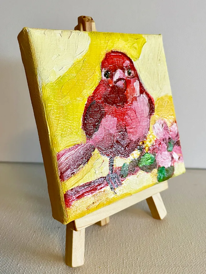 Red Summer Tanager Painting, Bird Original oil Painting on Canvas, Wildlife Art, Miniature Artwork 4"x 4"