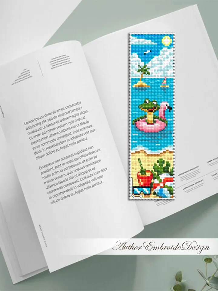 Summer bookmark cross stitch pattern PDF download Funny frog cross stitch chart, Sea bookmark pattern digital PDF, Beach vacation #B449