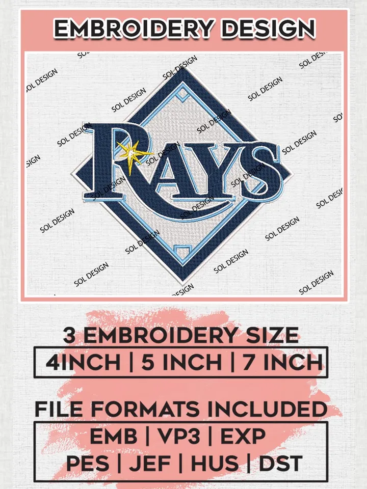 MLB Rays Logo Embroidery Design Files, MLB Tampa Bay Rays Team Embroidery, MLB Teams, 3 sizes, MLB Machine embroidery designs, Digital Download