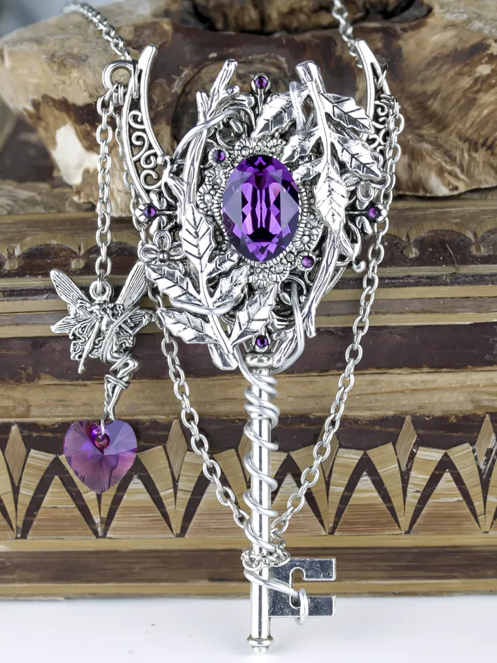 Handmade Fantasy Key Pendant with Purple Swarovski Crystals โ Unique Fairy Moon Necklace