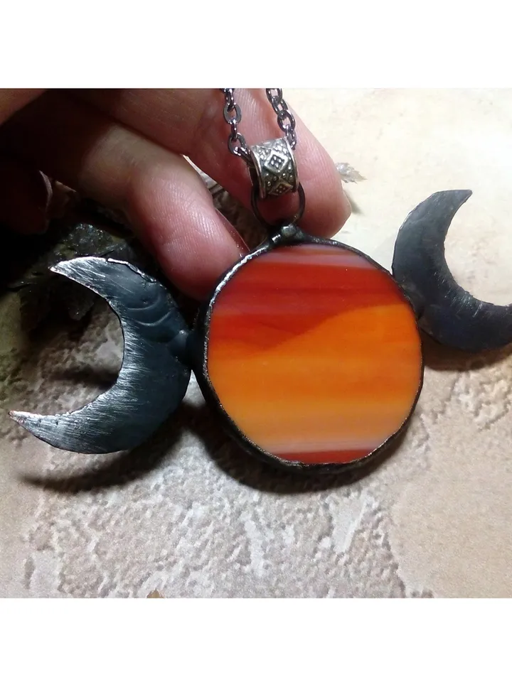 Hecate necklace, Pentacle, Moon Goddess, Stained glass moon, Moon phase necklace, Stainglass crescent, Full moon pendant