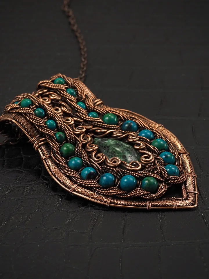 Zoisite and Chrysocolla Pendant Wire wrap copper necklace Handmade artisan jewelry