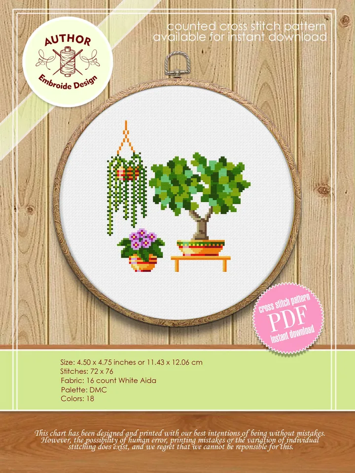 House plants cross stitch pattern download PDF, Small floral cross stitch chart, Garden beginner stitch, Potted plants embroidery PDF #P13