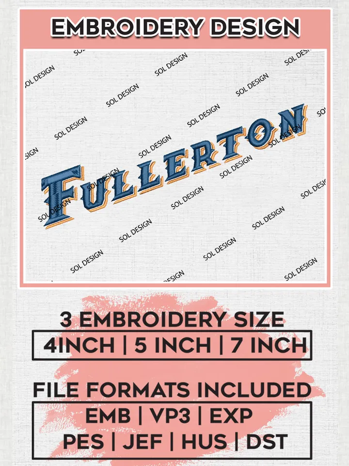 NCAA Fullerton Team Word Logo Embroidery Design Files, NCAA Cal State Fullerton Titans Machine Embroidery, NCAA Teams, Game Day, 3 sizes, NCAA Machine embroidery designs, Digital Download