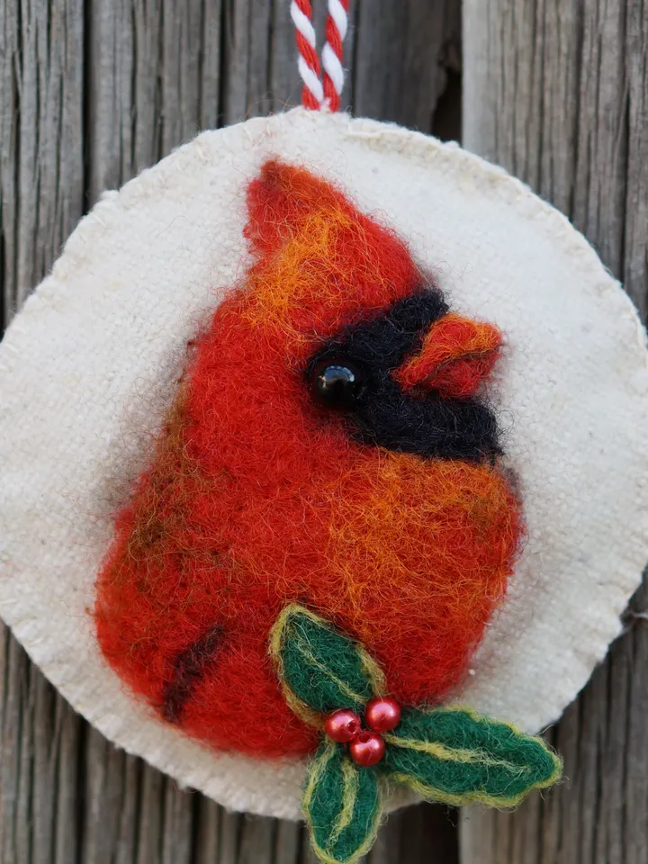Cardinal Christmas ornament, bird portrait, needle felted cardinal, ready to ship from the USA