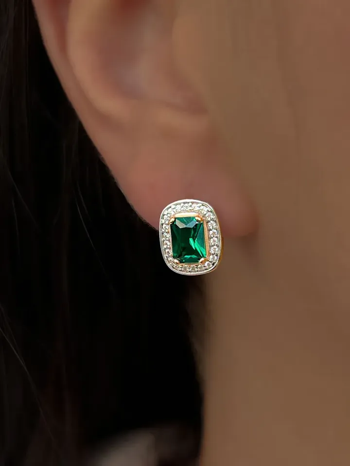 Earrings silver 925, gold plated with emerald and cubic zirconia