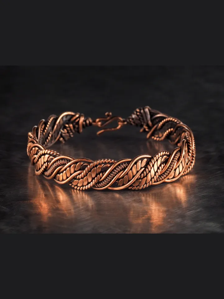 Wire wrapped bracelet, Unique 7th 22nd Anniversary gift idea, Art Nouveau antique style, One of kind braided statement bangle, Handmade oxidized pure copper jewelry, Pain relief, EMF protection