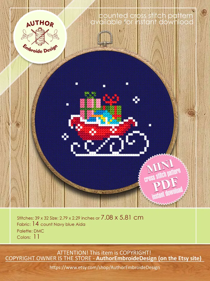 Santa sleigh cross stitch pattern download PDF Small Christmas pattern digital Winter embroidery PDF Mini tree ornaments DIY Home decor #N50