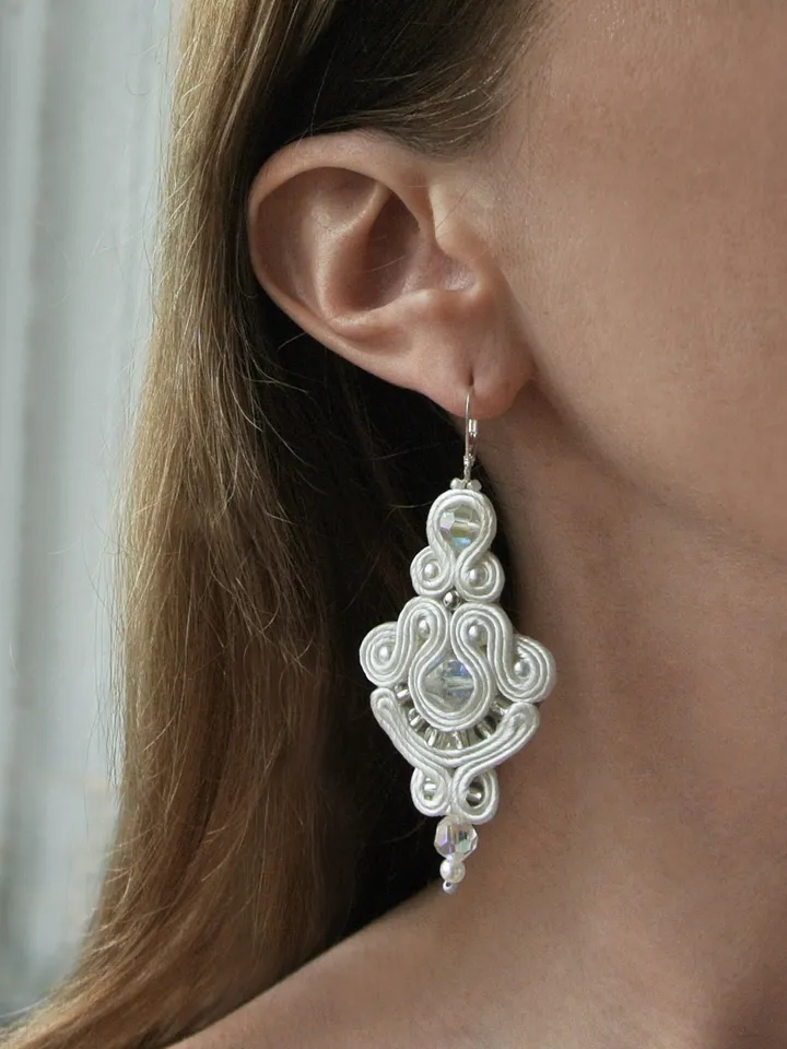 White earrings, bridal earrings, soutache embroidered earrings, beaded earrings