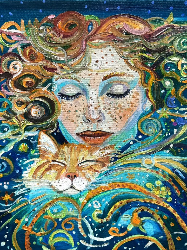 Woman and Red Cat Original Oil Painting Oil on canvas 12*12