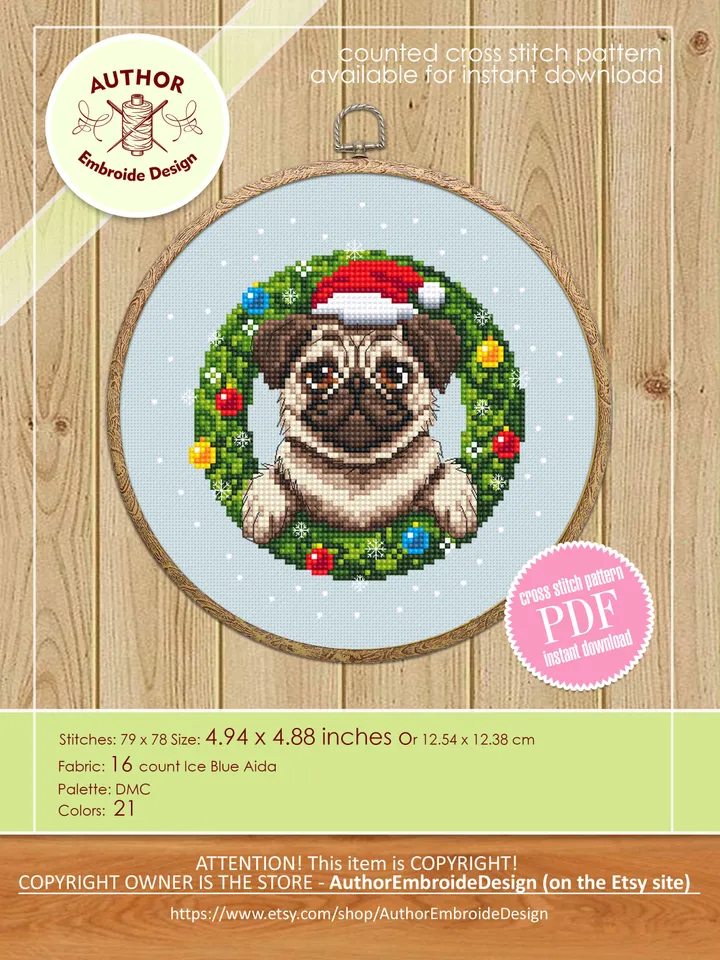 Christmas pug dog cross stitch pattern PDF download Set Pug christmas cross stitch chart, Christmas dog embroidery PDF, Dog lover gift #N104
