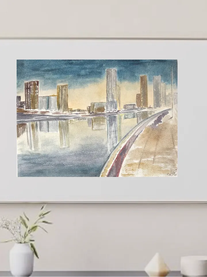 Night city cityscape wall art hand painted modern watercolour painting
