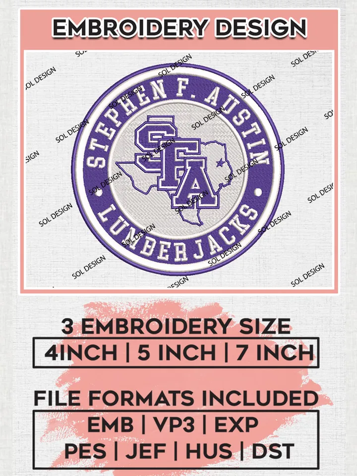 NCAA Stephen F. Austin Lumberjacks Round Logo Embroidery, NCAA Stephen F. Austin Lumberjacks Logo Embroidery files, NCAA Teams, Machine embroidery designs, Digital Download