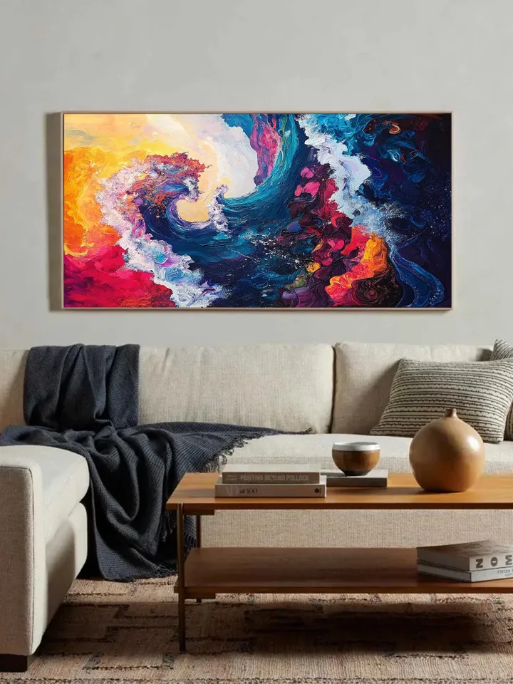 Original Hand-Painted Abstract Oil Painting on Canvas | Colorful Ocean Wave Art | Stunning Red, Blue, Yellow Decor for Living Room or Office