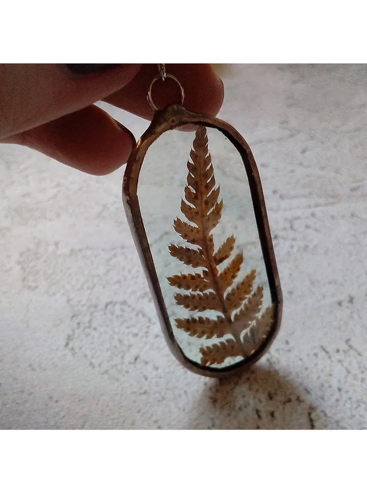 Valentine necklace, Stained glass necklace, pressed fern, Dry fern necklace, Terrarium pendaant