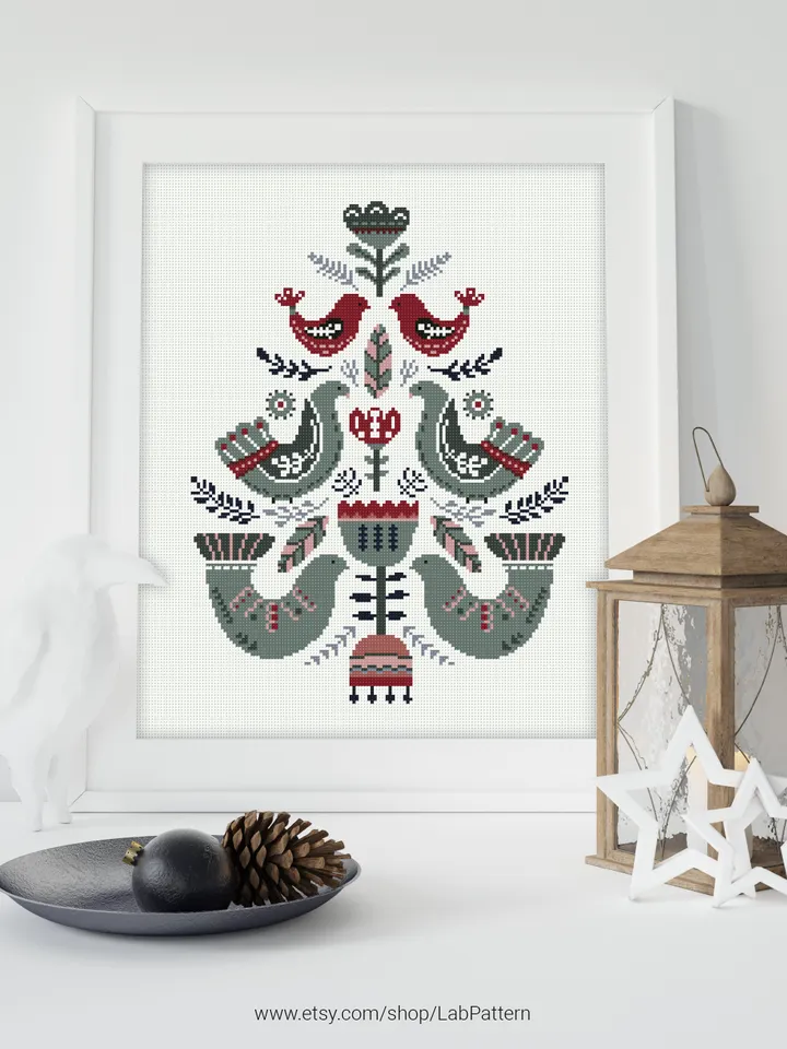 Scandinavian Christmas Tree stitch pattern, Bird, ornament, New Year decor cross stitch pattern, counted, gift DIY, embroidery, instant PDF